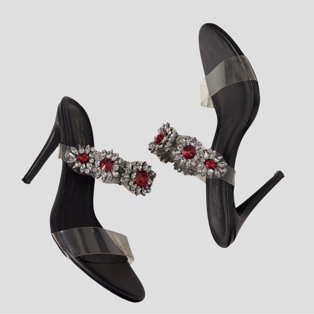 Vigo Fiore Elegant Black and Silver Heels with Red Rhinestones Embellished heels